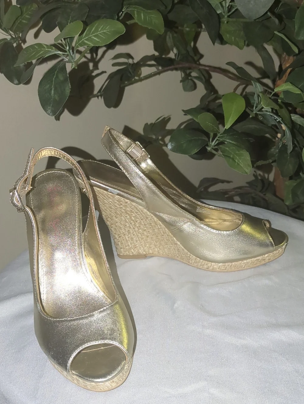 Lilly Pulitzer Gold Peep-Toe Wedge Slingback Heels